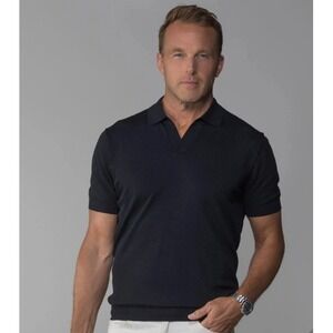 Collars & Co Polo Shirt Large Black Luxury Knit Silk Cotton Johnny Collar NWT